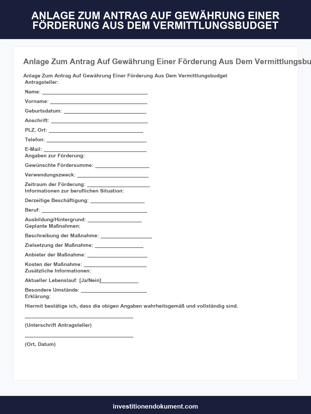 Anlage Zum Antrag Auf Gewährung Einer Förderung Aus Dem Vermittlungsbudget