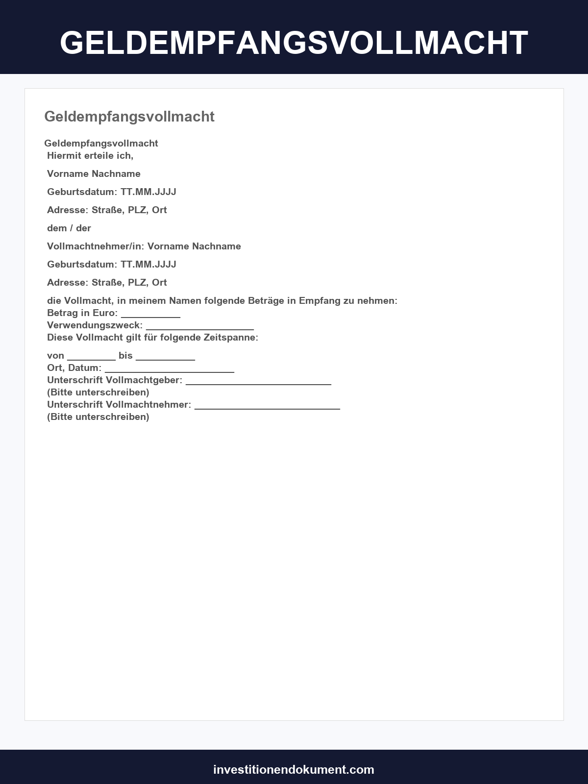Geldempfangsvollmacht Vorlage