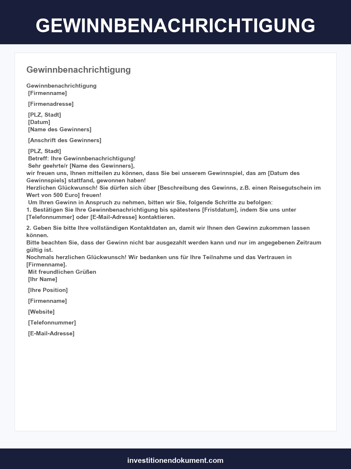 Gewinnbenachrichtigung Vorlage