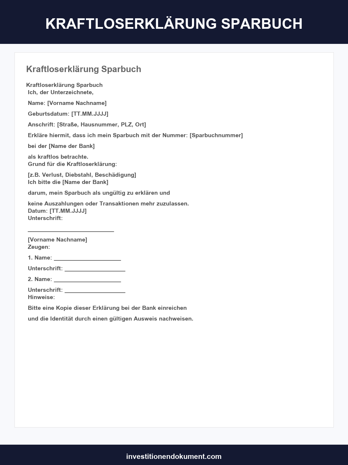 Kraftloserklärung Sparbuch Muster