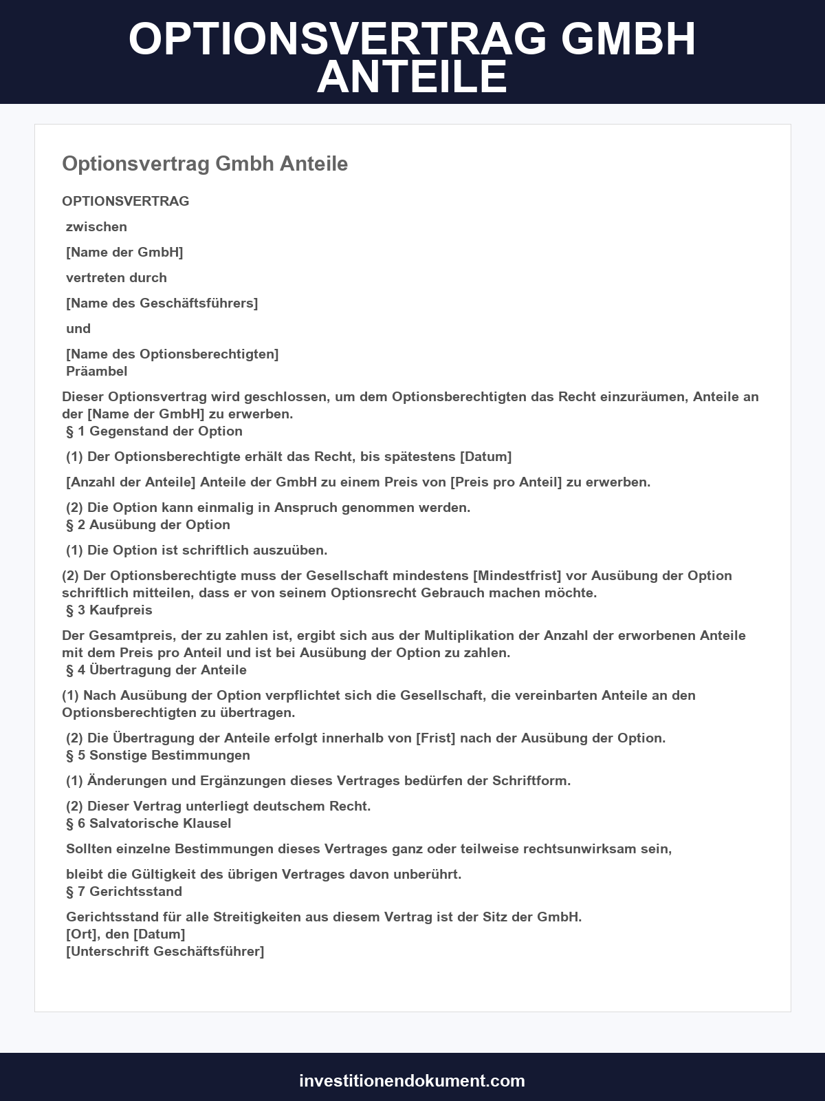 Optionsvertrag Gmbh Anteile Muster