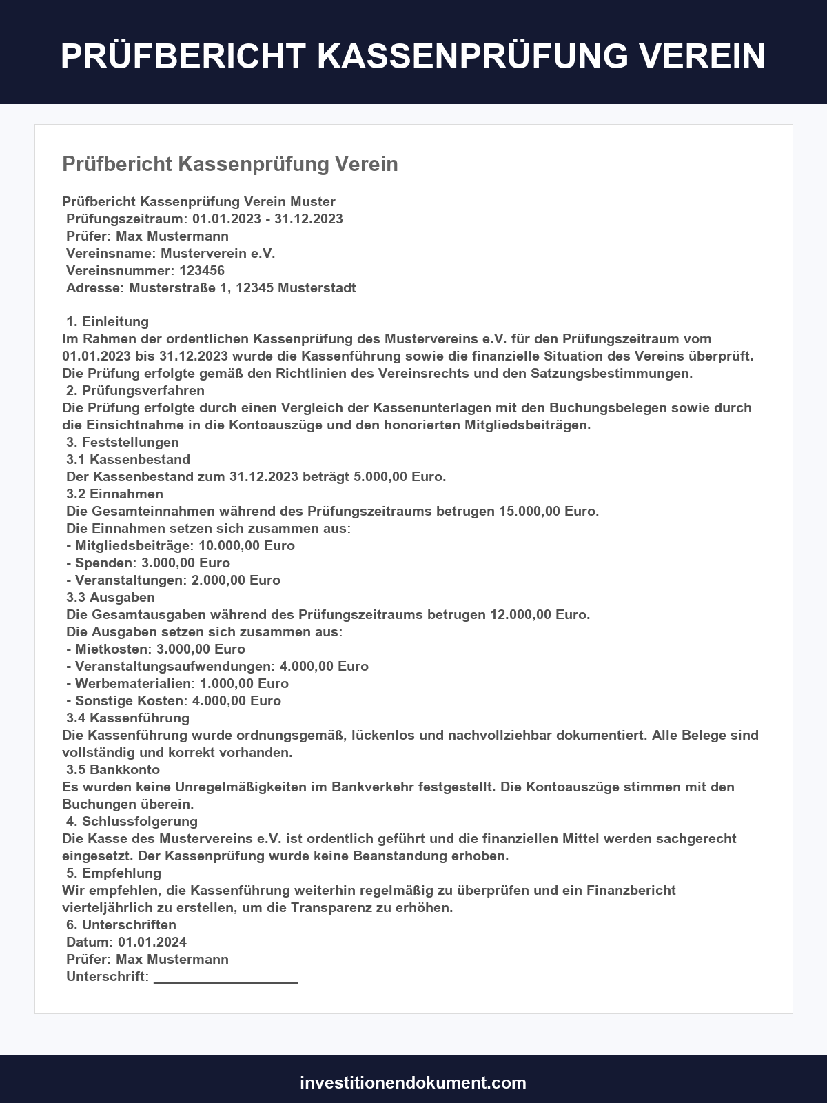 Prüfbericht Kassenprüfung Verein Vorlage