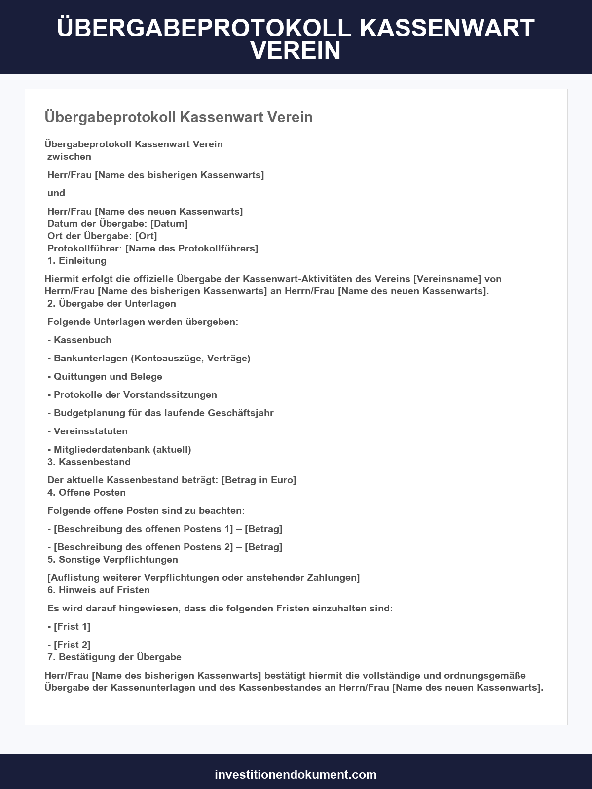 Übergabeprotokoll Kassenwart Verein Vorlage