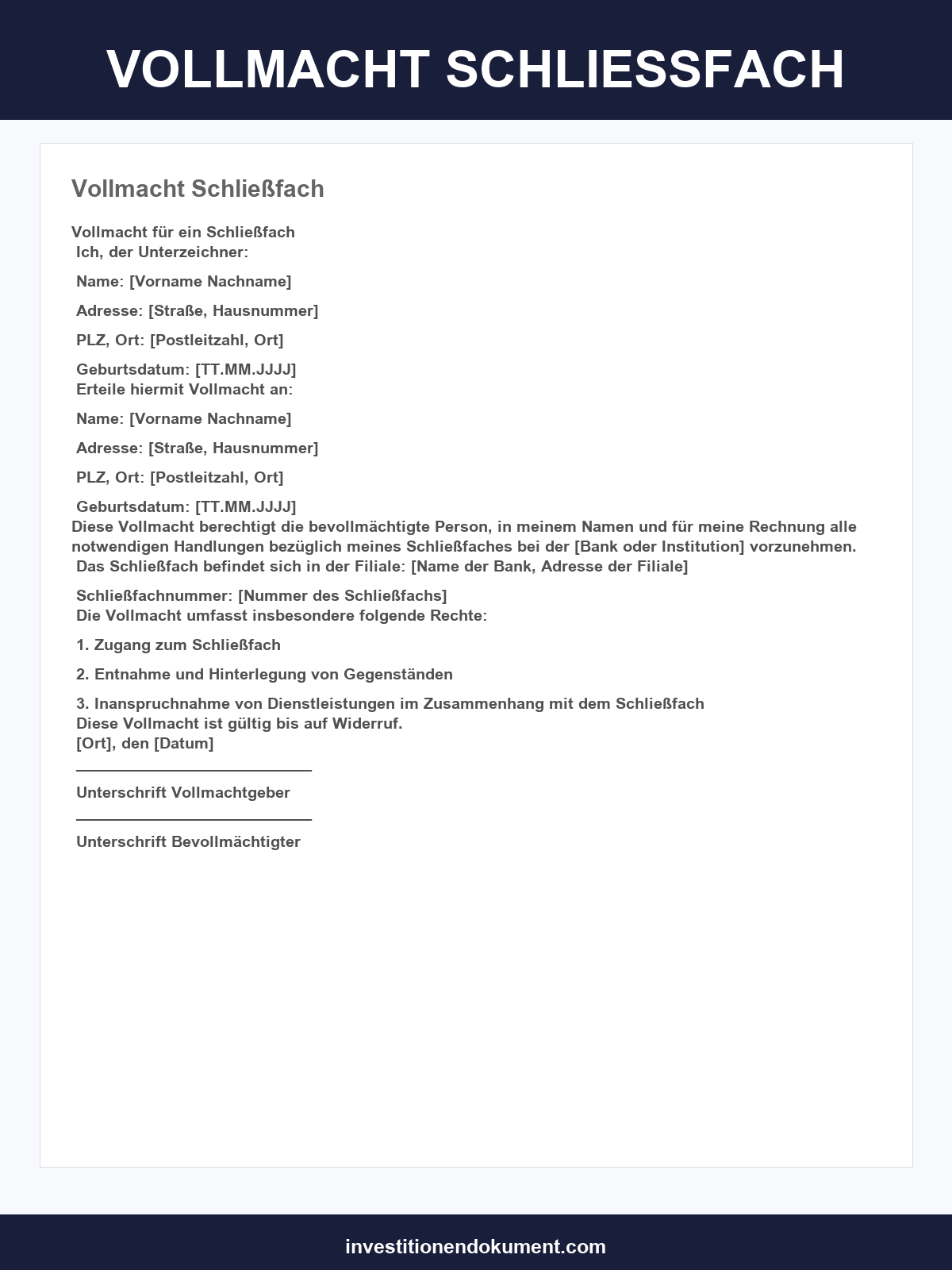 Vollmacht Schließfach Vorlage