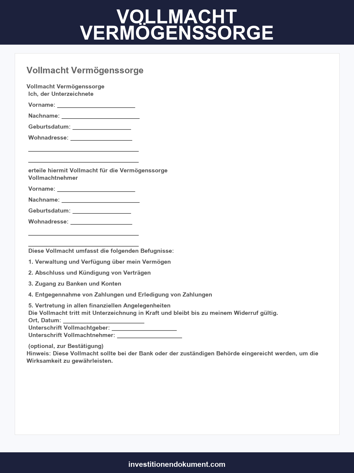Vollmacht Vermögenssorge Muster