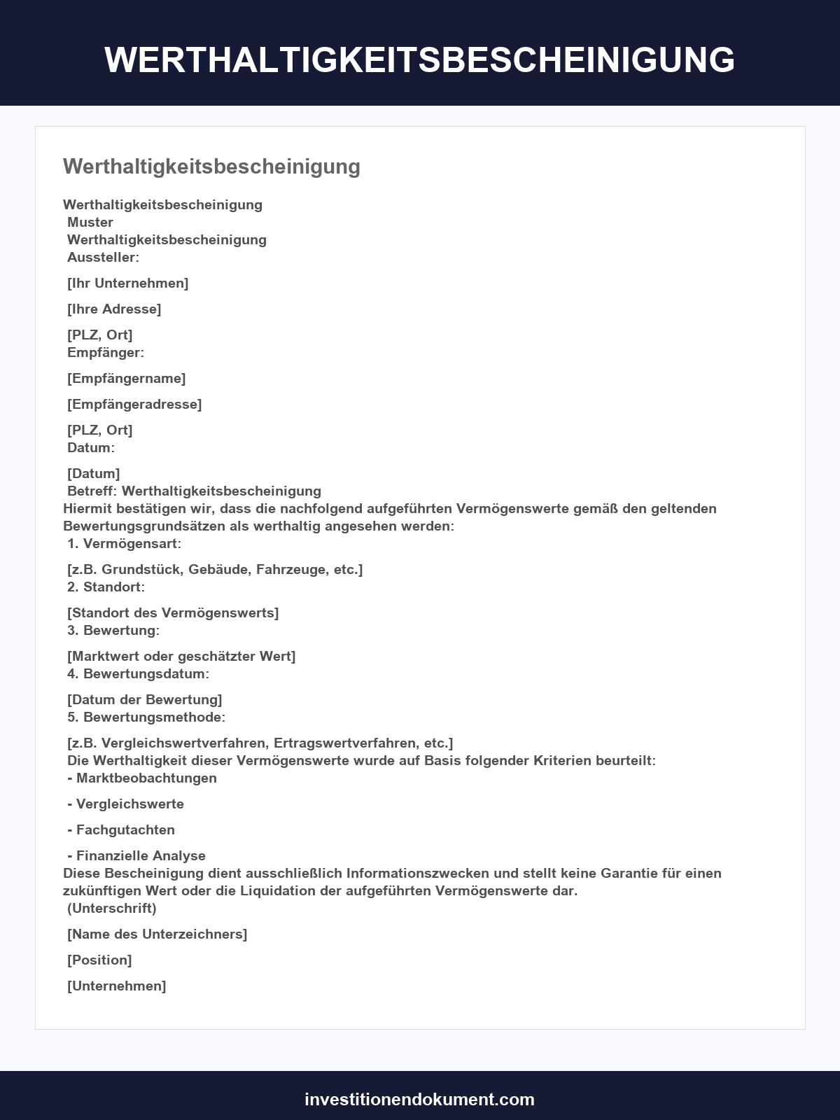 Werthaltigkeitsbescheinigung Muster